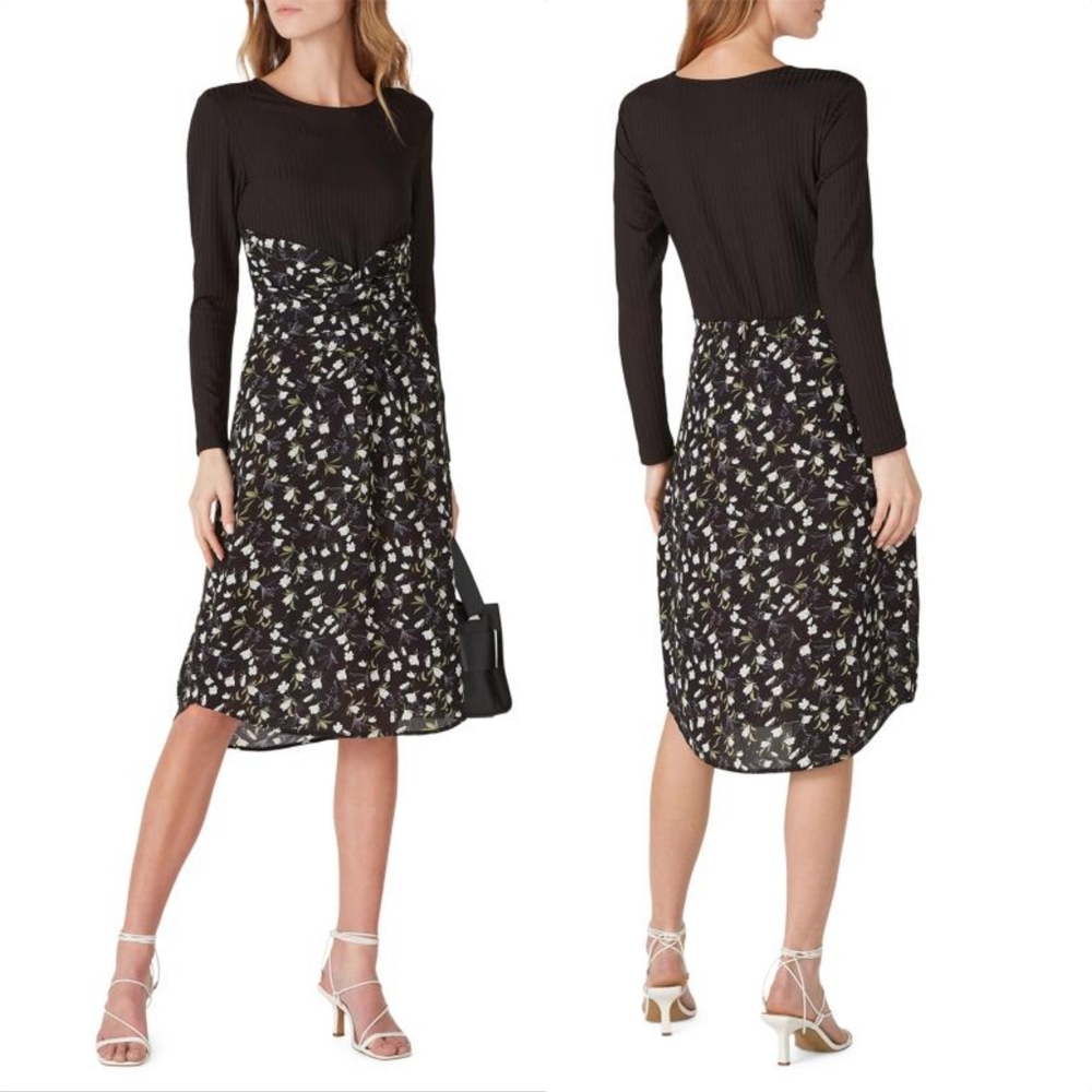 Thakoon Floral Twist Ribbed Knit Long Sleeve Midi Dress in Black